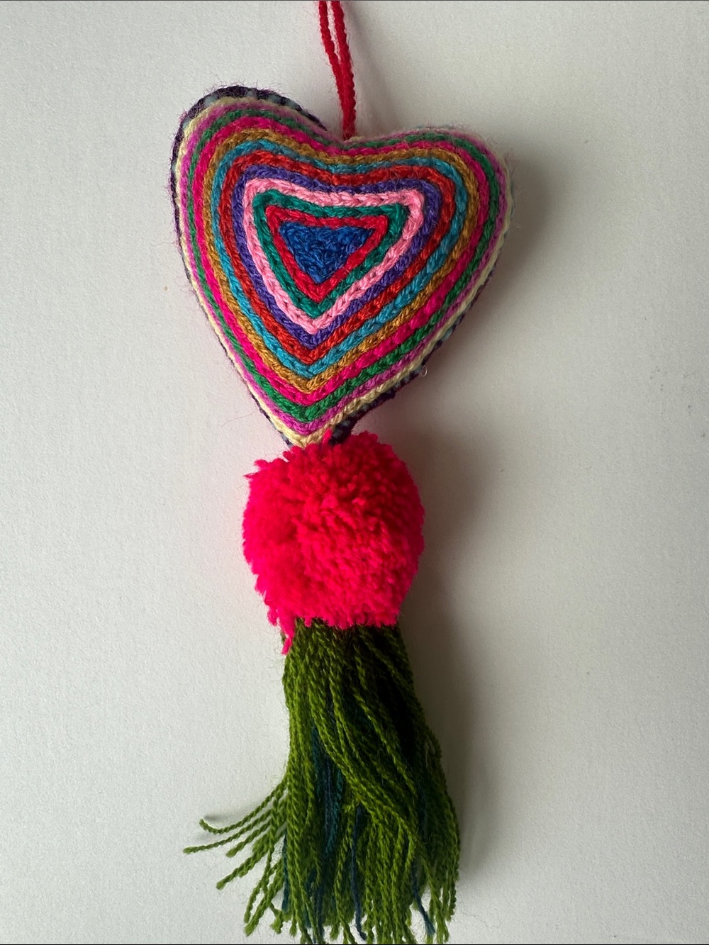 Artisan Mexican Embroidered Rainbow Heart Bag Charm Pom Pom Tassel